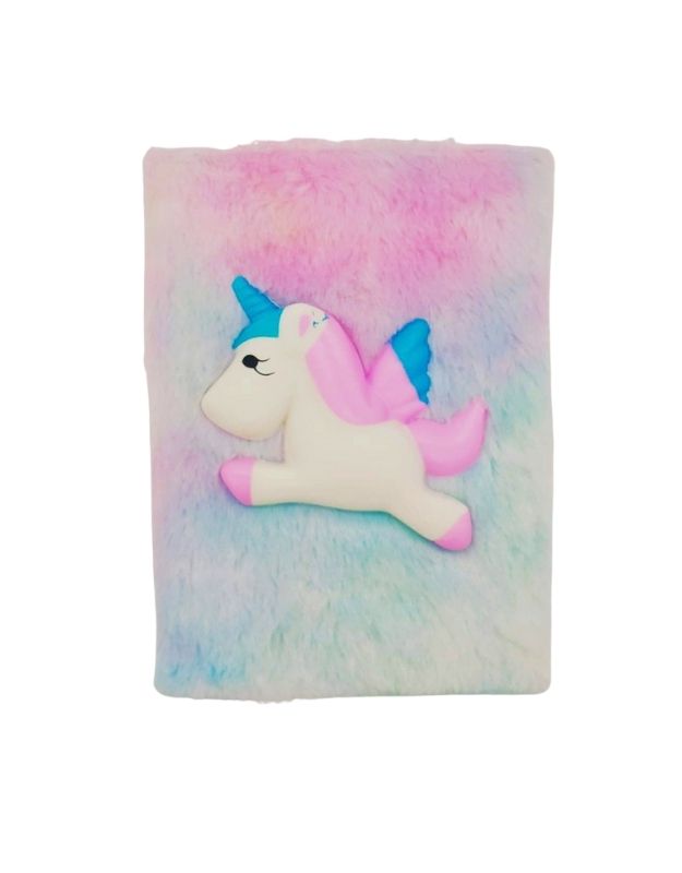 Furry pastel diary with a 3D flying unicorn design featuring blue wings and horn.